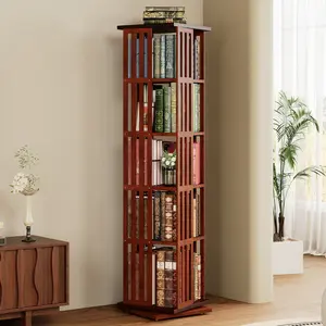 IRONCK 360° Rotating Bookshelf Tower, 5-Tier Spinning Display Storage Shelves 60 in Tall Bamboo Bookcase for Office, Living Room, Bedroom