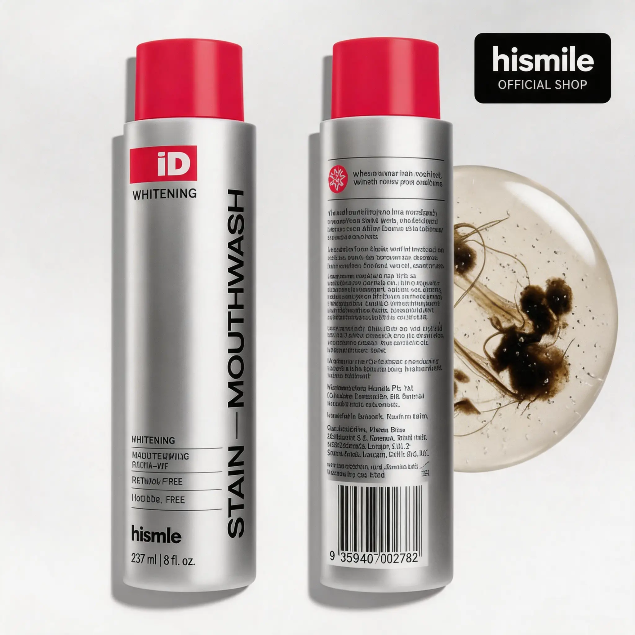 Hismile iD Stain Whitening Mouthwash for White Teeth, Freshens Breath with Essential Oils 237ml
