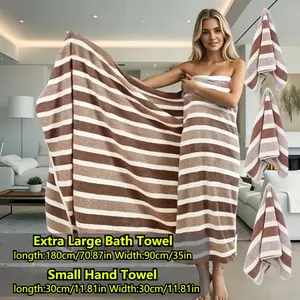 4pcs Towel Set Includes One Extra-Large Soft Bath Towel (70.87X35.43 inch) And Three Smaller Hand Towels (11.81X11.81 inch). It Features a Tri-Color Striped Design, Is Extra-Large And Thick, Highly Absorbent, Super Soft, Quick-Drying, Bathroom Towel Set