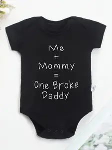 Me + Mommy = One Broke Daddy Soft Cotton Youngsters Onesie - Casual Round Neck, Black with White Letter Print, Machine Washable, Perfect for Outdoor