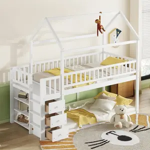Twin over Twin Bunk Bed with Roof and Guardrail, Floor House Bunk Bed with Bookshelf and Storage Drawers Junior Twin Loft Bed with Storage for Bedroom