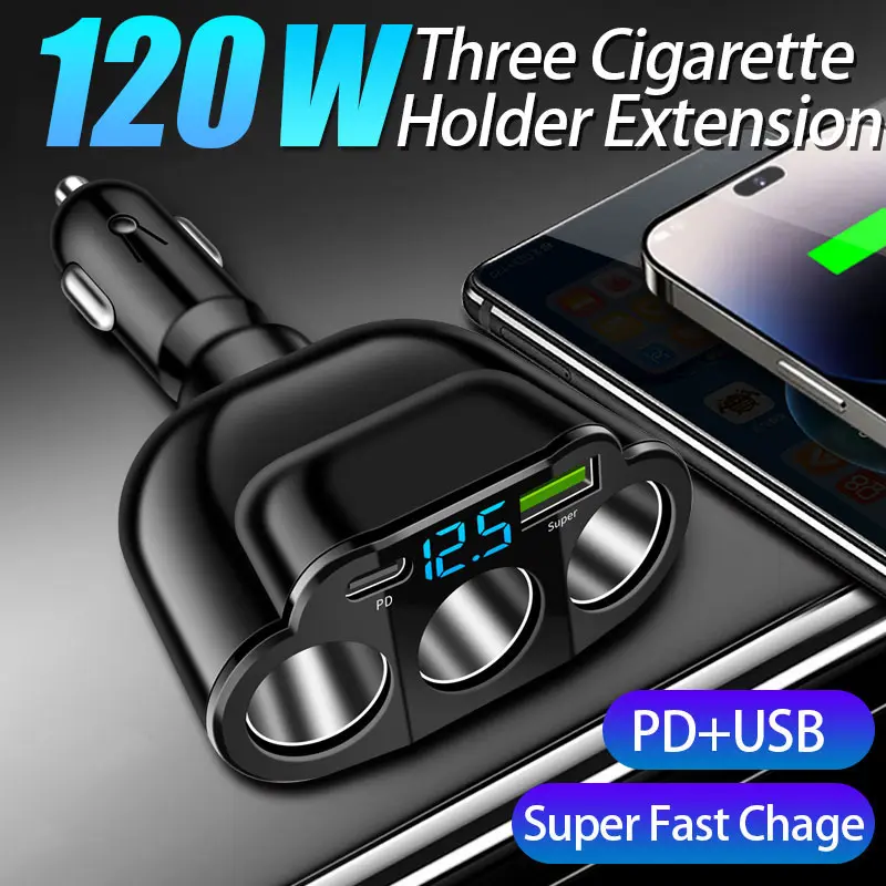 3-Socket Multifunctional Charger - Super Fast PD Type C Charger, Digital LCD Voltage Display, CarPlay HDMI Adapter, Auto Parts Accessories for Cars & Trucks