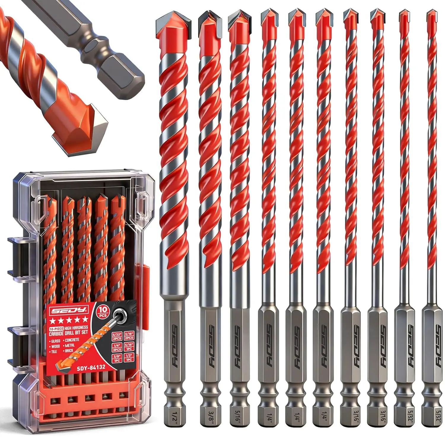 10 Drill Bits Masonry Set - 6-Inch Carbide Tipped Hex Shank for Renovation, Construction Workers, Corded/Hammer Drills, Brick, Cement, Tile, Wood, Light Metal (Fast Drilling & Chip Removal), Corded Drills, Masonry Drill Bits