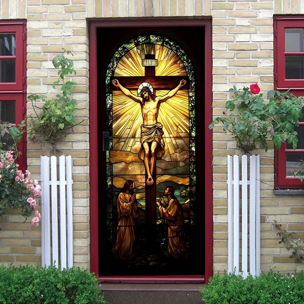 2pcs Christian Themed Stained Glass Style Jesus and Children Decorative Wall Sticker Living Room Bedroom Church Wall Decor Religious Belief Decoration Self Adhesive Removable Home Wall Art Decal for Cross border Sale