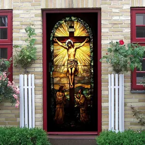 2pcs Christian Themed Stained Glass Style Jesus and Children Decorative Wall Sticker Living Room Bedroom Church Wall Decor Religious Belief Decoration Self Adhesive Removable Home Wall Art Decal for Cross border Sale