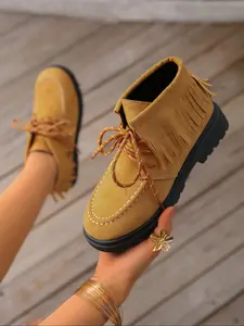 Women's Fashion Boots with Tassels, Comfortable Lightweight Breathable Low Heel Moccasin Shoes, Arch Support for Walking Driving