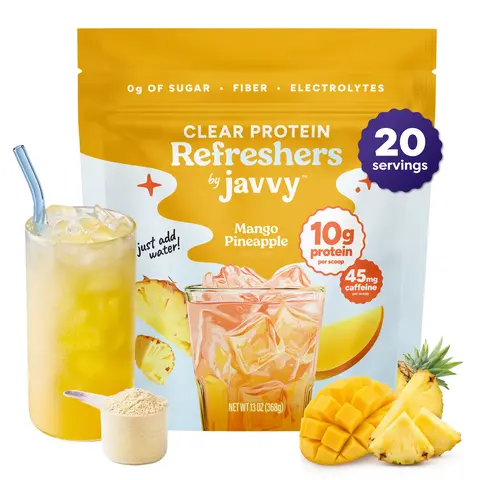 Javvy Mango Pineapple Refresher Premium Clear  Protein  Electrolytes & Fiber – 100% Natural Flavors – Zero Artificial Colors & Sweeteners – 45mg of Caffeine, 0g of Sugar, 20 Servings Healthy Beverage, Energy Support,  Protein Drinks Healthy Shake Pinya