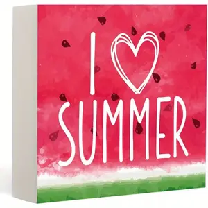 I Love Summer Pine Wooden Box Sign, Summer Watermelon Decorations for Home & Office, Housewarming Gift, Decorations Suitable for Table, Shelf, Desk Decor, Farmhouse Sign for Kitchen Shelf Party Decor 5x5 inch