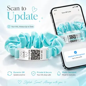 Dynamic QR Code Medical Alert Scrunchie Bracelet for Women, Editable Fabric Medical ID Wristband, Scan to Update Emergency & Health Information Without Login, Elastic Hair Tie Style, Blue