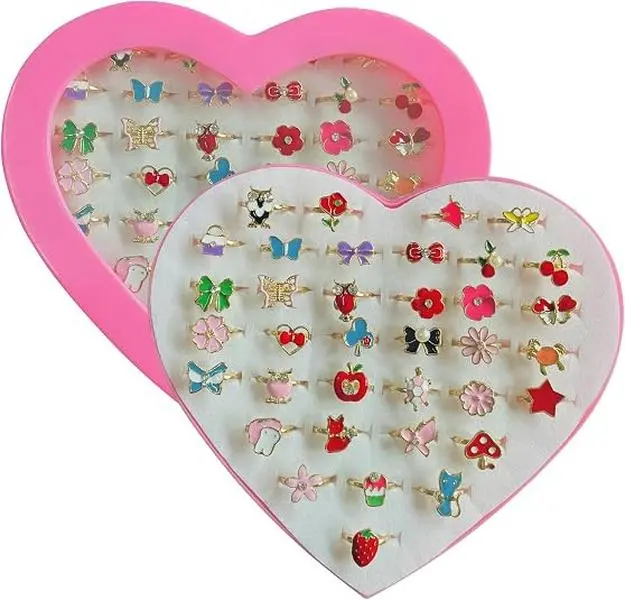 Summer Spring Gift 36pcs Little Girl Rhinestone Gem Rings,Adjustable,Random Color Style Kids Play Rings in Box,Pretend Play and Dress Up Rings