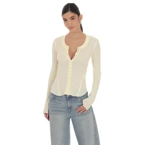 Textured Ribbed Button Top in Pastel Yellow