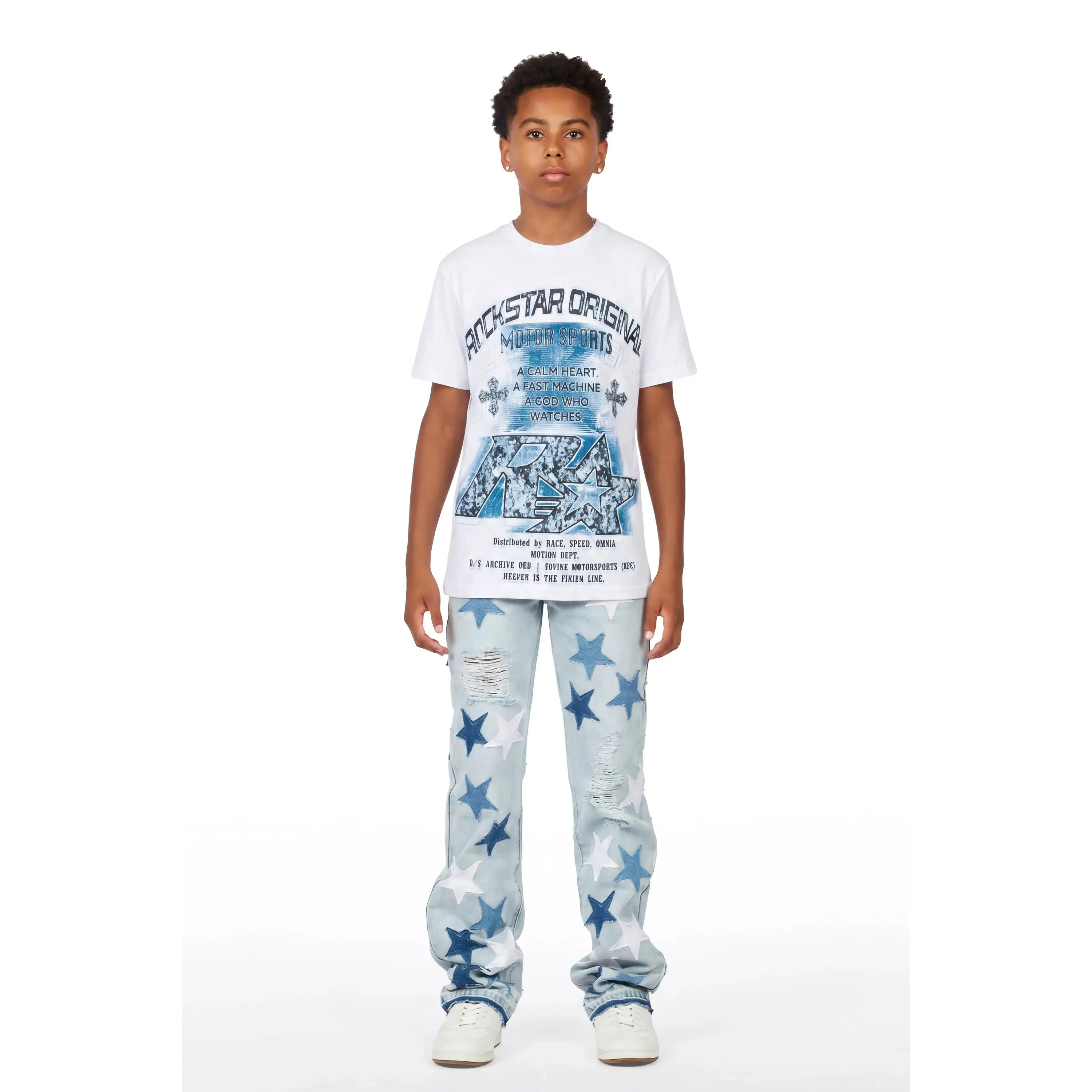 Boys Byson White/Blue T-Shirt Patchwork Jean Set
