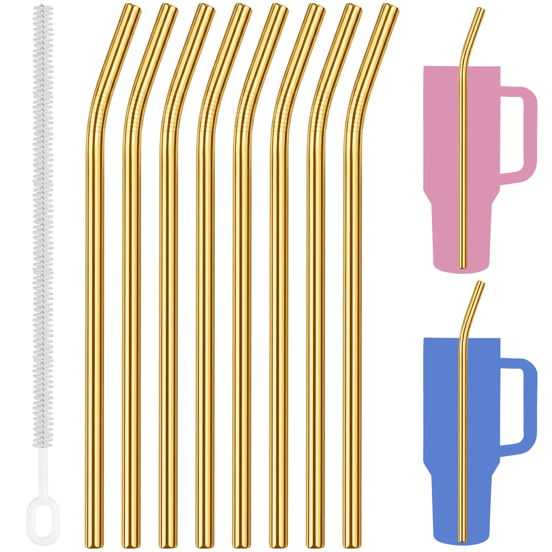 Tomorotec 8PCS Stainless Steel Straws Fit for 40oz Stanley Tumblers, Gold 12” Metal Straws Fit for Stanley Cup with 1 Brush, Reusable Bent Drinking Straw for Smoothies Milkshakes, Dishwasher Safe