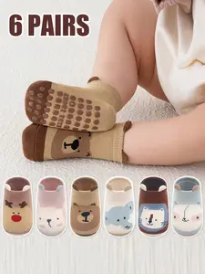 6 Pairs Kids Socks, Baby Toddler Non-Slip Indoor Floor Socks, Cartoon Animal Design, Unisex Short Socks for Boys & Girls, Cute Textured Socks