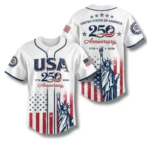 USA 250th Anniversary Baseball Jersey, Patriotic Statue of Liberty Print Shirt, Unisex Independence Day 4th of July Outfit, 1776–2026 Semiquincentennial Patriotic Jersey