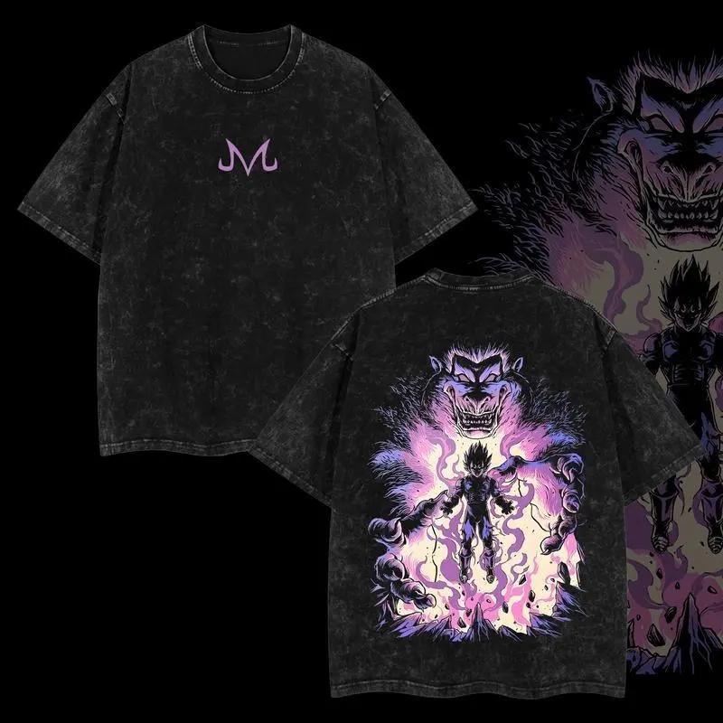 Vintage Limited Majin Vegeta Dragon BZ Anime Double-Sided Printed Retro Oversized Washed Graphic T-Shirt, Casual Y2K Oversize Anime Manga Acid Wash Graphic Tee, Unisex Cotton Streetwear Otaku Top Fit, Gift For Fan Anime Lover