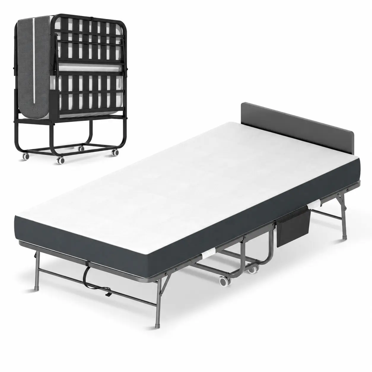 IRAUKKO Compact Foldable Roll Away Bed for Adults - Metal Frame, Metal+Polyester Blend Mattress, Locking Wheels, Side Pockets, Headboard, 3 Sizes (75"x31"/75"x38"/75"x46"), Requires Assembly, Space Saving Bedroom Storage Solution, Roll Away Beds