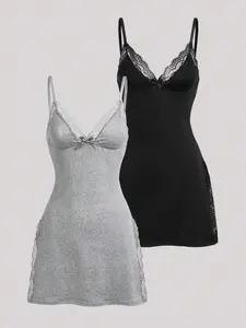 IYUNA 2pcs Lace Patchwork Bow Decor Romantic Side Slit Cami Nightgown