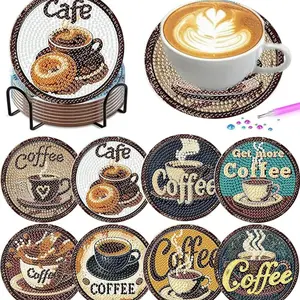 8 pieces/set of diamond painted coaster set with coffee pattern coaster (with holder) - DIY diamond art craft kit for home decoration beginners, diamond craft supplies, artificial diamond art craft supplies gifts, Diamond Painting Coasters