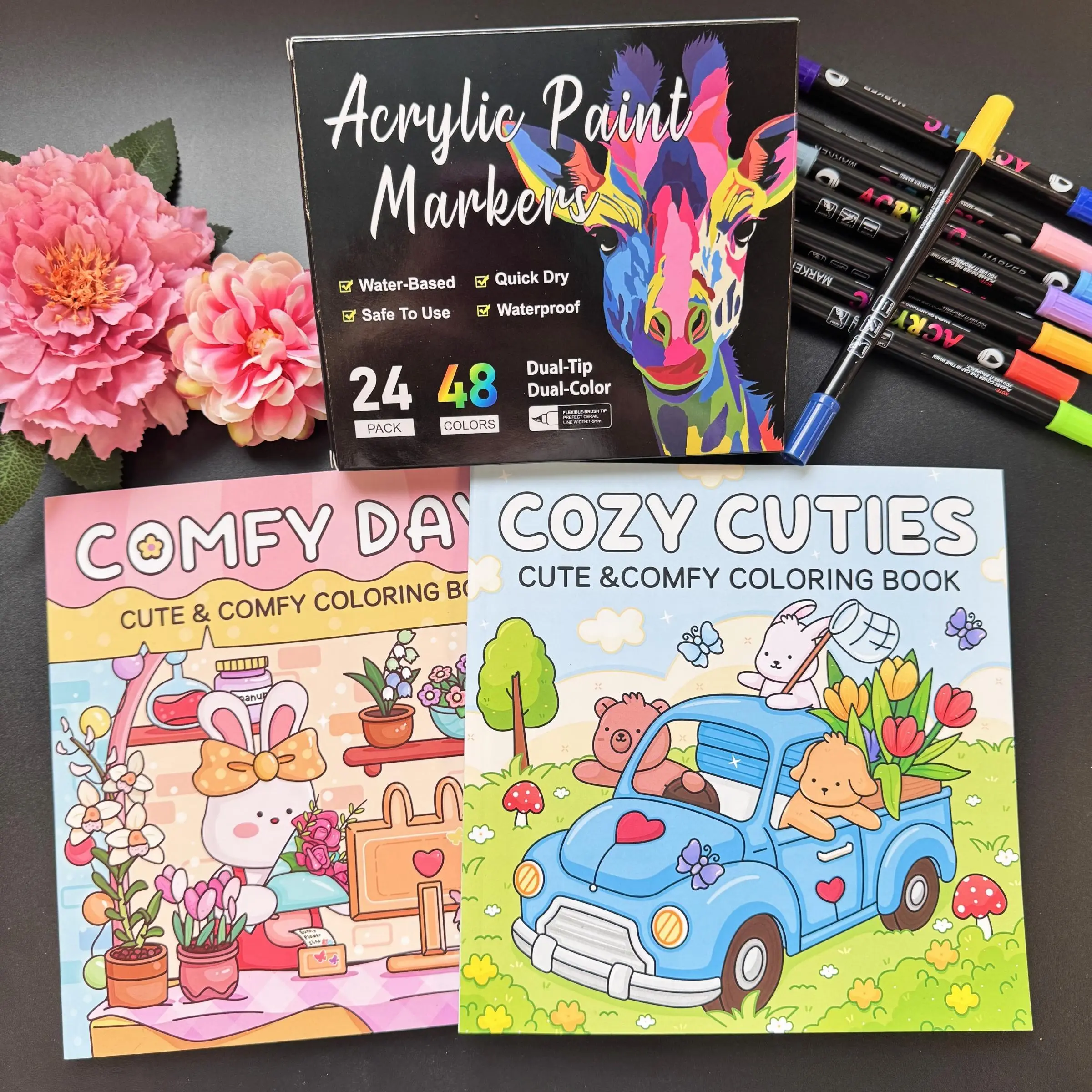 Cute Coloring Book with Dual Tip Acrylic Paint Markers, 2 Themes Coloring Book with 24pcs 48-color Marker, Suitable for Daily Leisure, Drawing Art Supplies