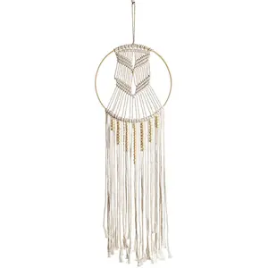 Boho Macrame Wall Shelf Hanging – Woven Cotton Decor with Bamboo Ring