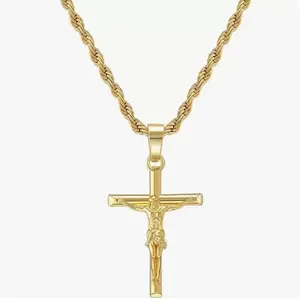 Cross Necklace golden Cross Pendant with 3mm 22" Rope Chain for Men Women Cross Pendant with Chain Baptism Christian Jewelry