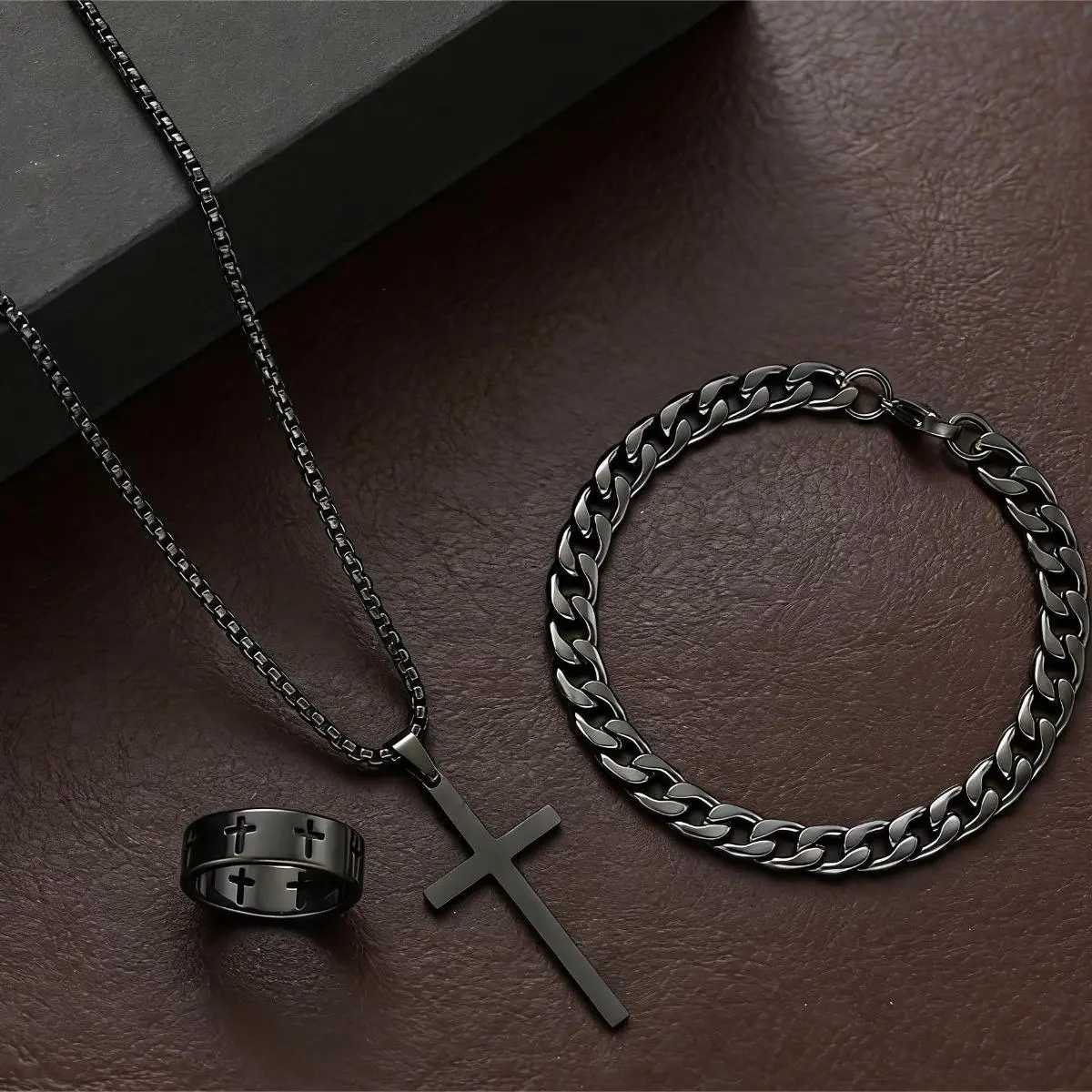 3-Piece Cross Jewelry Set in Stainless Steel, Vintage Minimalist Matching Necklace, Bracelet, and Ring, Unisex Religious Meaningful Gift, Matching Sets, Cross Necklace, Meaningful Gifts, Three-Pieces