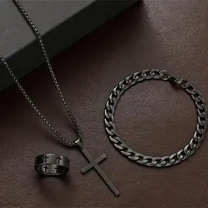 Unisex 3-Piece Vintage Minimalist Cross Motif Matching Jewelry Set - Stainless Steel Cross Necklace, Bracelet & Ring Combo, Stylish Fashion Accessories, Ideal Gifts for Boyfriend for Daily Wear