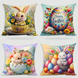 Easter Egg Bunny Flower Pillow Covers Set, 4pcs Single-Sided Print Decorative Pillows, 45x45cm, Hidden Zipper, Indoor Outdoor Decoration