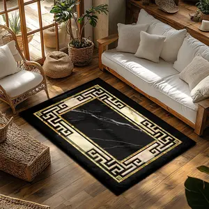 Luxury Black Marble & Gold Greek Key Flannel Area Rug - Oversized Soft Plush Mat for Living Room & Bedroom, Non-Slip Modern Home Decor #LuxuryMarbleRug #GreekKeyCarpet #ModernHomeDecor #FlannelMat #NonSlipRug