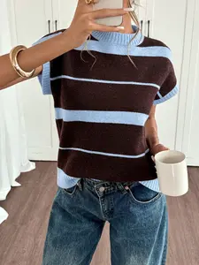 Women's Striped Knit Loose Fit Casual Short Sleeve Pullover Sweater Tops, Knitwear, Summer Fashion, Comfortable and Stylish, Perfect for Daily Wear