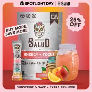 Salud 2-in-1 [Energy + Focus – Peach Lemonade] Clean Energy Drink Mix, Agua Fresca,  Organic Caffeine, B6 & B12, L-Theanine, Drink Packets, Non-GMO, Gluten Free, Vegan, Low Calorie, 1g Sugar (15 Servings)