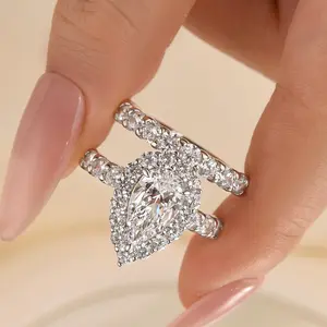 Effinny 3.0ct Classic 2PC Halo Pear Cut Wedding Ring Set, 925 Sterling Silver Promise Ring, 5A Cubic Zirconia Women's Ring for Wedding