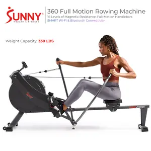 Sunny Health & Fitness 360 Degree Full Motion Rowing Machine with 16 Levels of Magnetic Resistance 330 LBS Weight Capacity Smart Wifi Bluetooth Connectivity for Home Workouts Gym 51.3" Stainless Steel Rail Performance Digital Monitor Full Range Row Handle