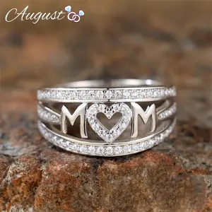 Rexviao Women's Cubic Zirconia Heart Shaped Ring - "MOM" Engraved, Sizes 6-10, Engagement Anniversary Gift Jewelry for Mom, Daily Wear, Exquisite Packaging
