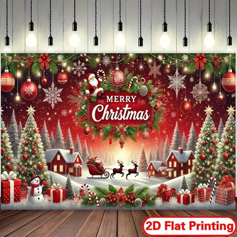 Happy Christmas Polyester Background Banner, Party Decoration Supplies, Ideal for Holiday Parties & Photography, No Power Required, 2D Flat Design