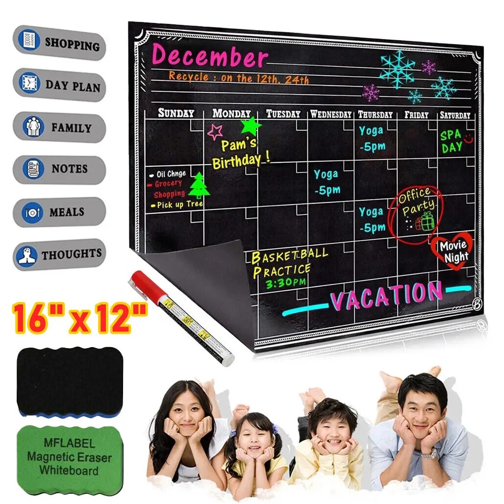SJPACK Magnetic Dry Erase Board Calendar - 16in x 12in Refrigerator Organizer, Home Kitchen Weekly Track Tool, Includes 2 Magnetic Erasers + 1 Red Liquid Chalk Marker for Events & Appointments