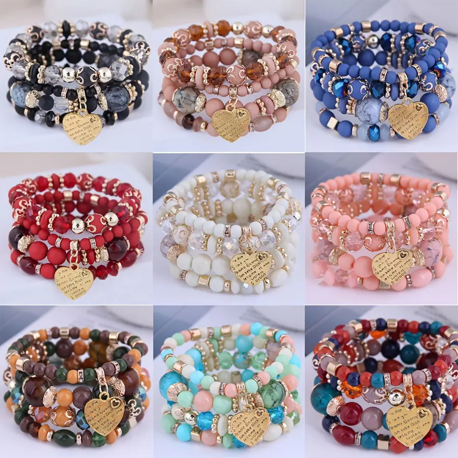 12/24pcs Mix Boho Chic Handmade Resin Bead Bracelets with Heart Pendant, Zinc Alloy Fashion Jewelry for Girls, No Plating, Colorful Layered Beaded Bracelet Set, Perfect Valentine'S Day Gift,summerwins