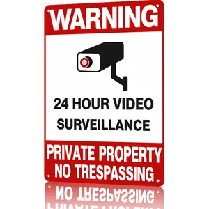 8×12 in Lightweight Aluminium 24-Hour Video Surveillance Camera Warning Plaque, Red & White No Trespassing Sign for Private Property, Home Commercial Exterior Decor, Gifts for Boyfriend
