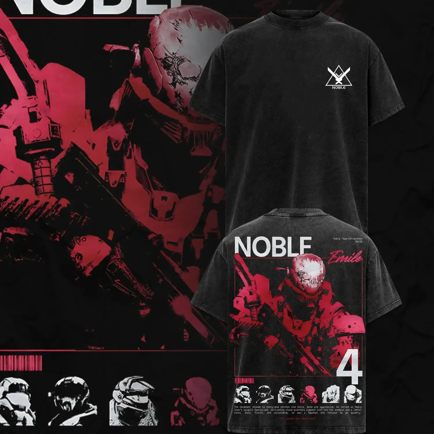 [Collection] Noble Team Halo Reach Double Printed Loose-Fit Pure Cotton Acid-Wash Vintage Retro Black Foldable Men's Casual T-Shirt, Game Graphic Day Wear Menswear Top