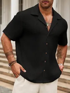 Neutral Textured Short Sleeve Shirt, Breathable Button Casual Top, Fashionable Summer Commute & Vacation Wear, Stylish Relaxed