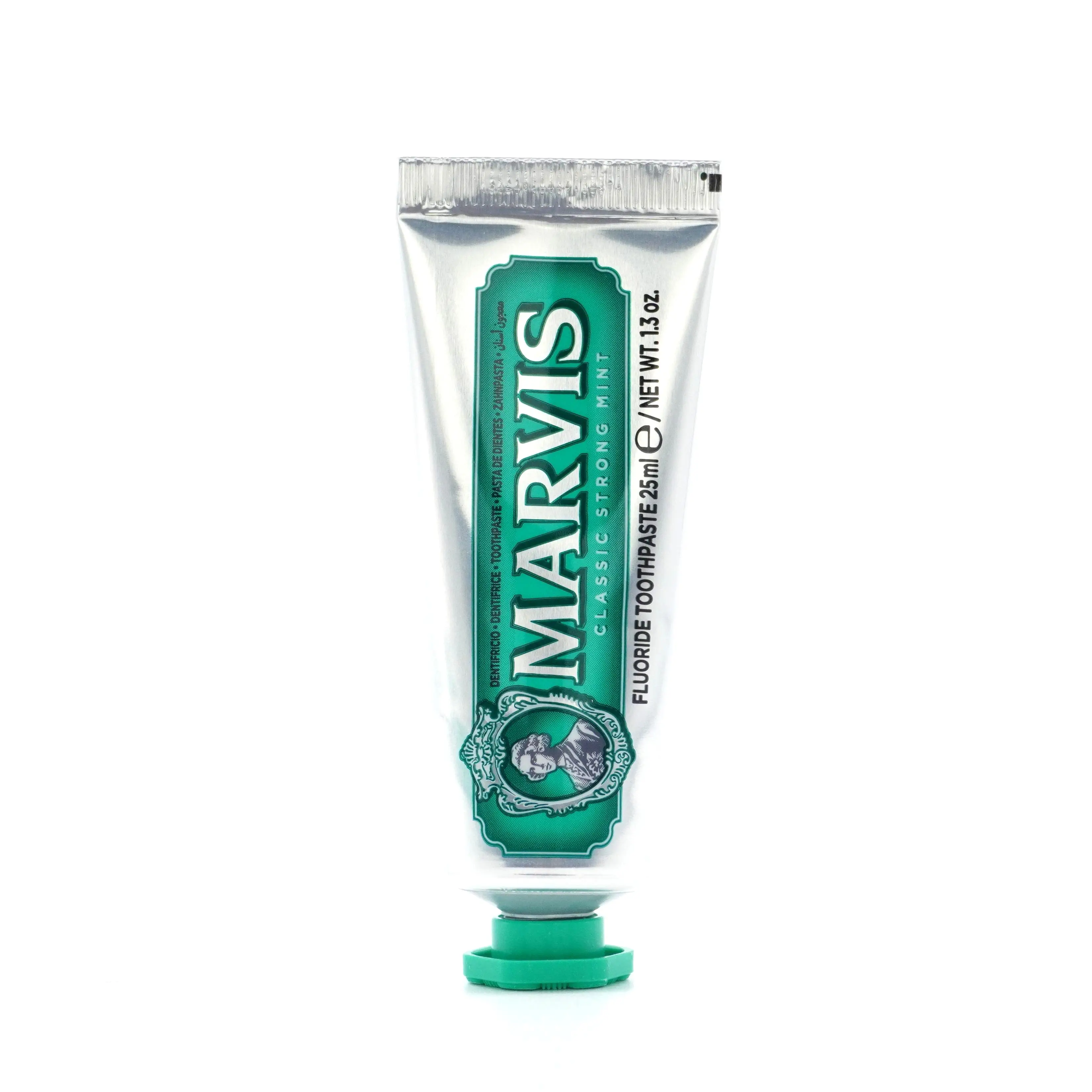 Marvis Classic Strong Mint Fluoride Toothpaste, Vegan Daily Oral Hygiene with Glycerin for Freshness, Travel Size, 25ml, Hydrates, Moisture