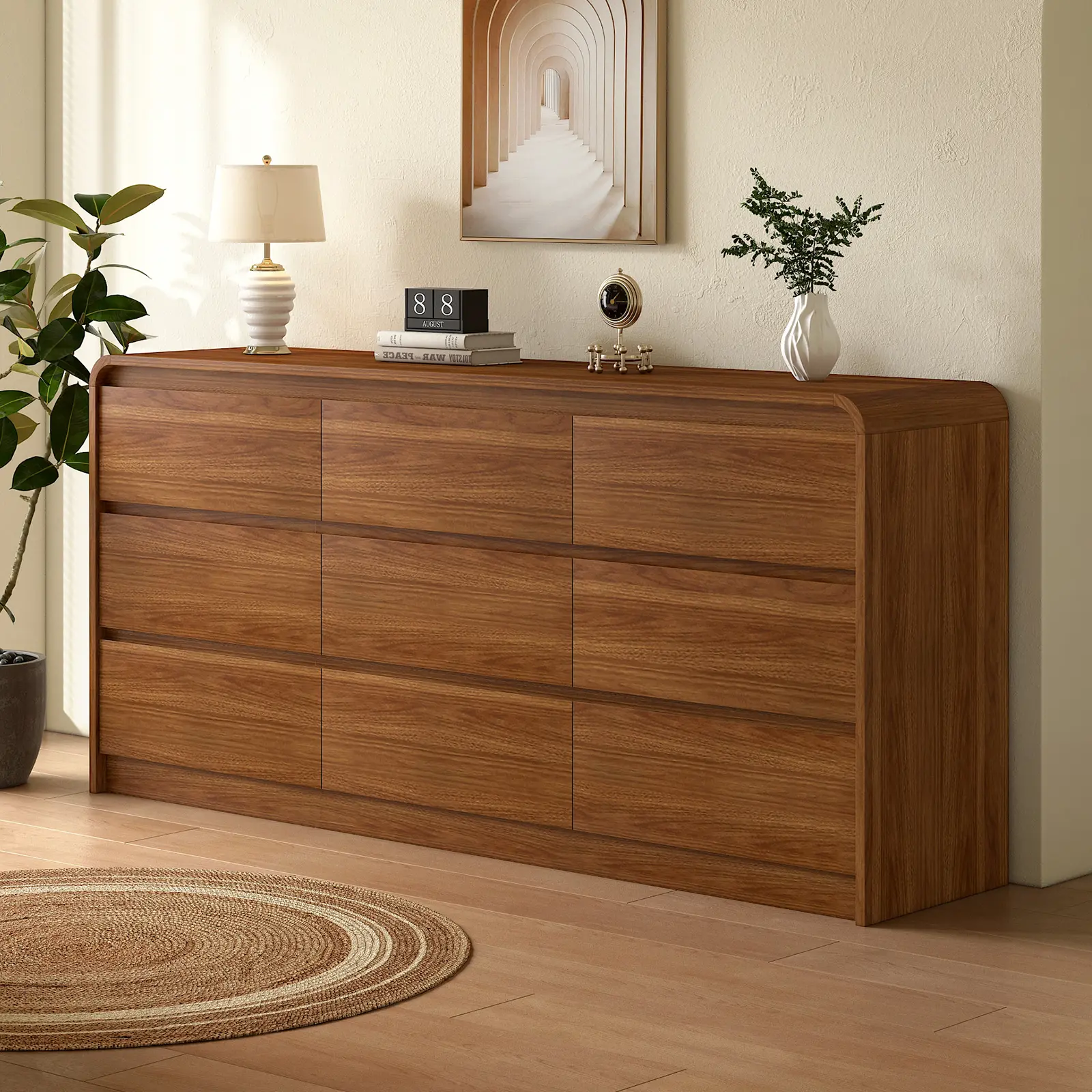 Messenya Mid Century Modern Dresser For Bedroom, 47in/55in/63in Wooden Dresser with Drawer, 6/8/9/12 Chest of Drawers with Rounded Corners, Large Storage Cabinet Organizer for Bedroom, Living Room, Nursery & TV Stand, Easy Assembly, Walnut Finish