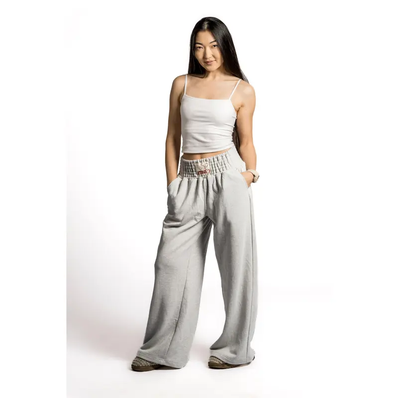 JITANA Women's Oversized Mae Ruched Baggy Cotton-Polyester Sweatpants - Relaxed Fit Wide Leg, 2 Pockets, Ruched Elastic Waistband, Korean Style, Casual Everyday Womenswear Bottoms, Solid Grey, Relaxed Fit Wide Leg Pants