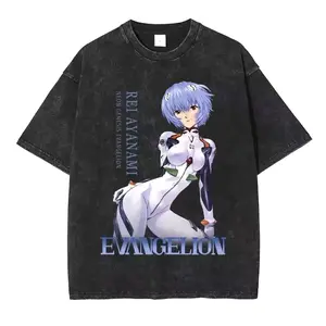 Summer Clothes EVA Anime  Unisex Men's T Shirts Streetwear Brand Vintage Washed Women Short Sleeved Tee Casual Tops Hiphop