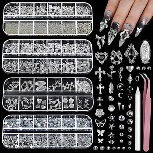 Silver Nail Charms & Gems Kit – 3D Silver Rhinestones, Cross Star Nail Charms, Caviar Beads, Y2K Nail Accessories for DIY Nail Art Design (4 Boxes)