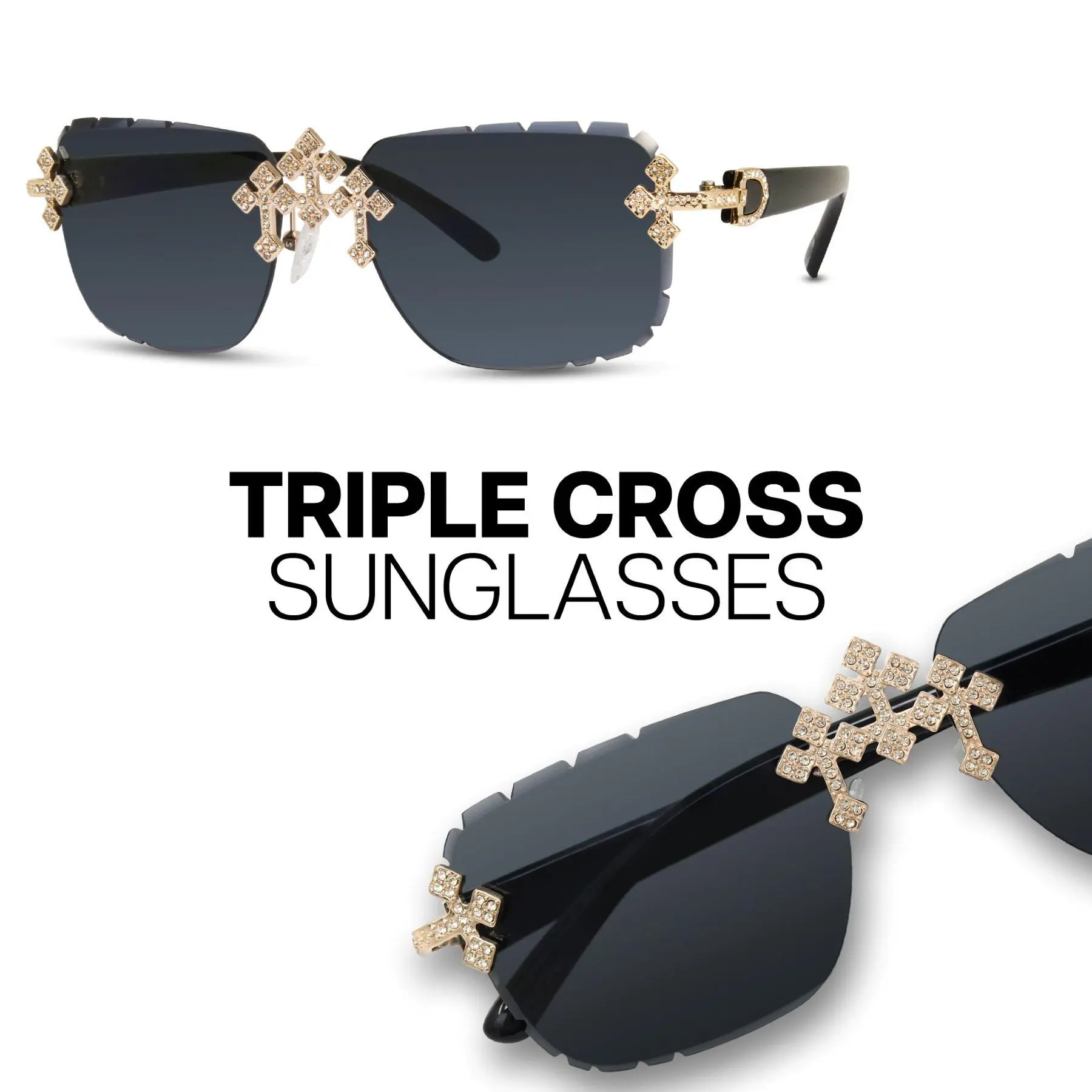 MaxBling81 Unisex Rimless Moissanite Fleuree Triple Cross Motif Aviator Sunglasses - Men's, Borderless, Open-Frame, Trendy Casual, 5.5" Width, PC Plastic Frame, UV-Protection Lenses, Stylish Fashion Eyewear, Men's Sunglasses, Borderless Men's Sunglasses