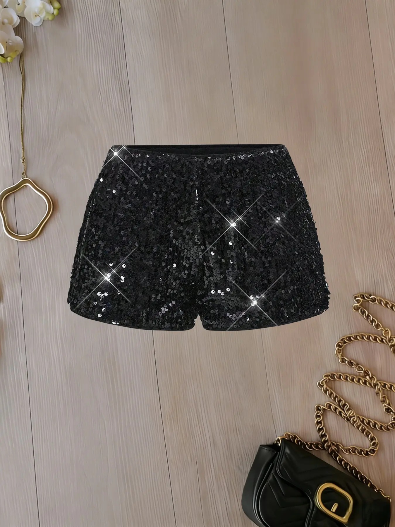 Women's High Waist Sequin Shorts Fit, Pure Color Sparkle Hot Pants, Party Nightclub Dancewear, Fashionable and Stylish Womenswear, Glitter Sequins Shorts, High Waisted Shorts