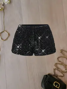 Women's High Waist Sequin Shorts Fit, Pure Color Sparkle Hot Pants, Party Nightclub Dancewear, Fashionable and Stylish Womenswear