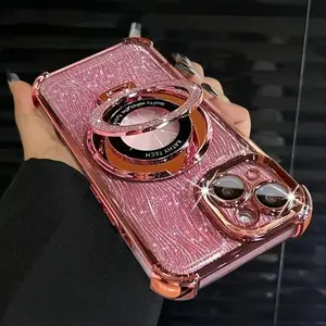 Glitter Water Ripple Logo Hole Magnetic Stand Case for iPhone 16 15 14 13 12 11 Pro Max Plus Max Airbag Shockproof Cover